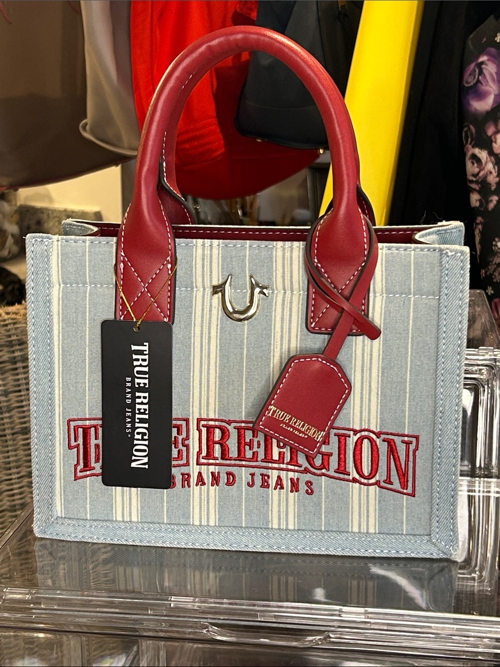 True Religion blue striped denim tote/ red leather trim 10.25”x 4.25”x 7.5” NWT - Picture 9 of 9